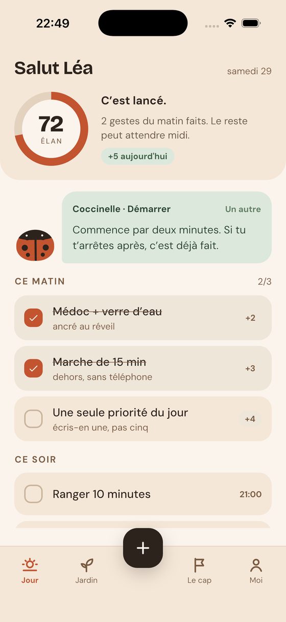 L’écran d’accueil d’Élan : le score à 72, le conseil du jour et les gestes du matin.