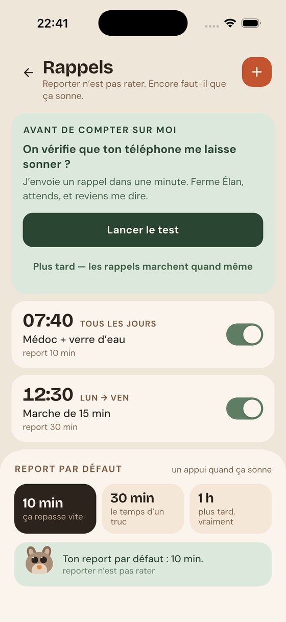 L’écran des rappels d’Élan, avec ses heures et ses délais de report.
